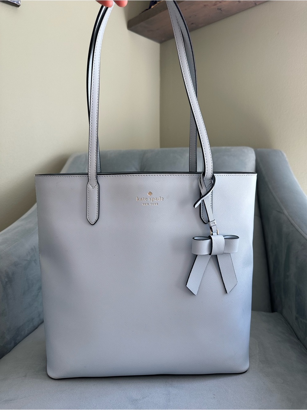 kate spade Light Blue Saffiano Leather Tote with Bow Charm
